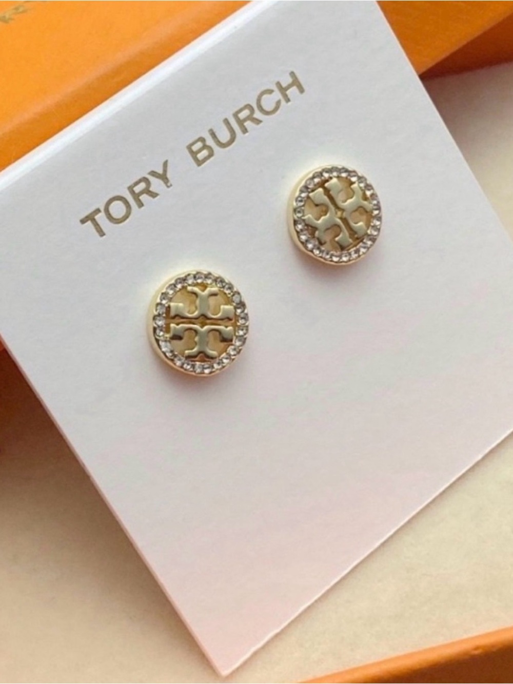 Tory Burch Gold Logo Crystal Halo Stud Earrings
